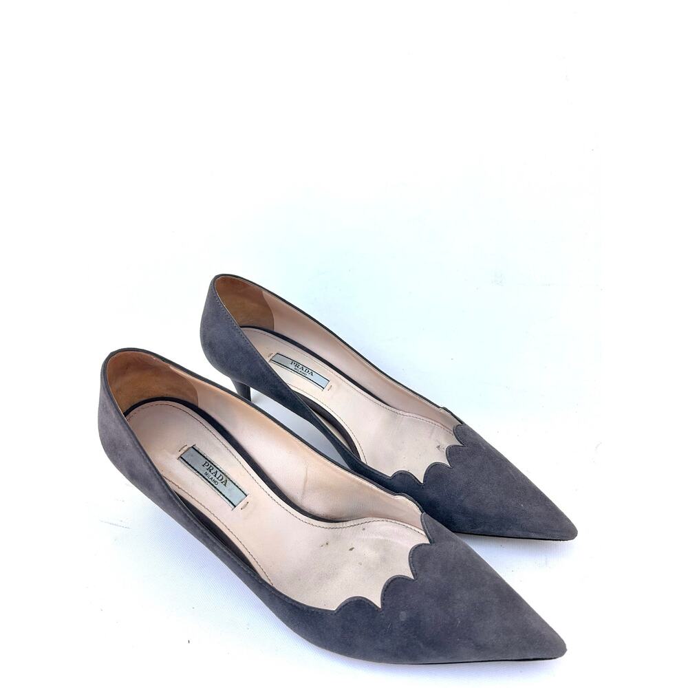 Prada Suede Scalloped Pointed Low Toe Kitten Heels Grey Gray 39 US 9 Pumps - Picture 2 of 14